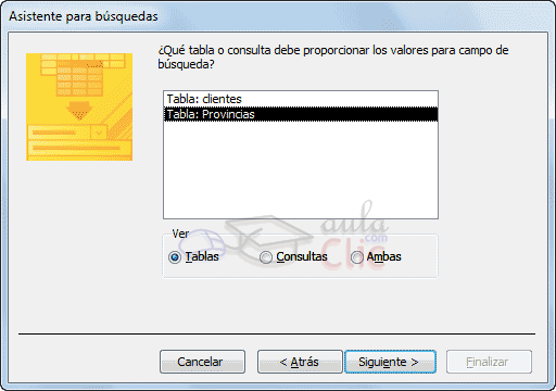 Asistente b&uacute;squeda - elegir tabla