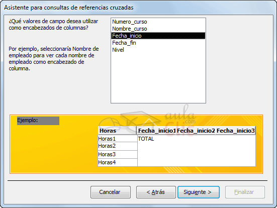 Ventana Asistente Ref cruzadas - Elegir campos para las columnas