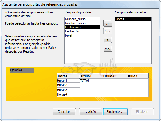 Ventana Asistente Ref cruzadas - Elegir campos para la fila