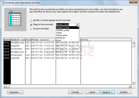 Asistente para importaci&oacute;n de texto - Clave principal, marcado Elegir la clave principal (numero_curso)