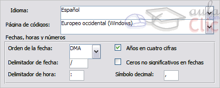 Opciones de formato: Idioma, p&aacute;gina de c&oacute;digos, fechas, horas y n&uacute;meros