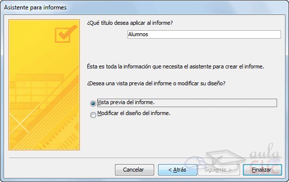 Ventana Asistente para informes, elegir t&iacute;tulo