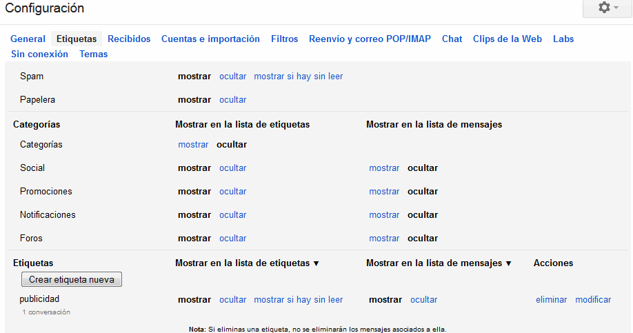 Configuraci&oacute;n de las etiquetas de Gmail